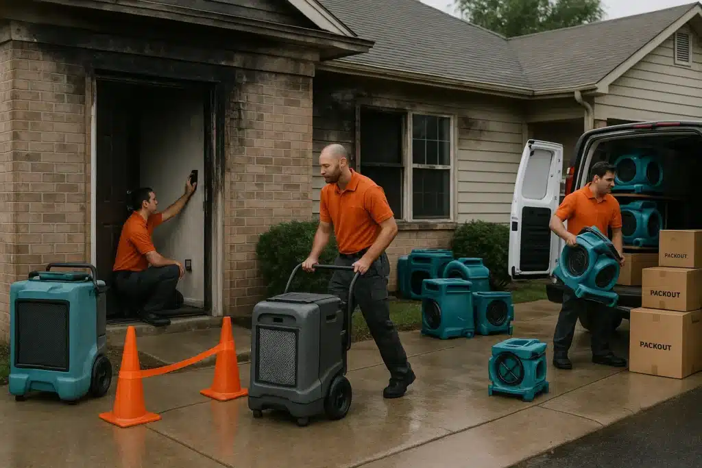 Damage Restoration Companies: Expert, Proven Choices to Avoid Regrets 5 Restoration 365 technicians setting up professional equipment at a damaged home, showcasing damage restoration companies for water and fire cleanup in PA and NJ