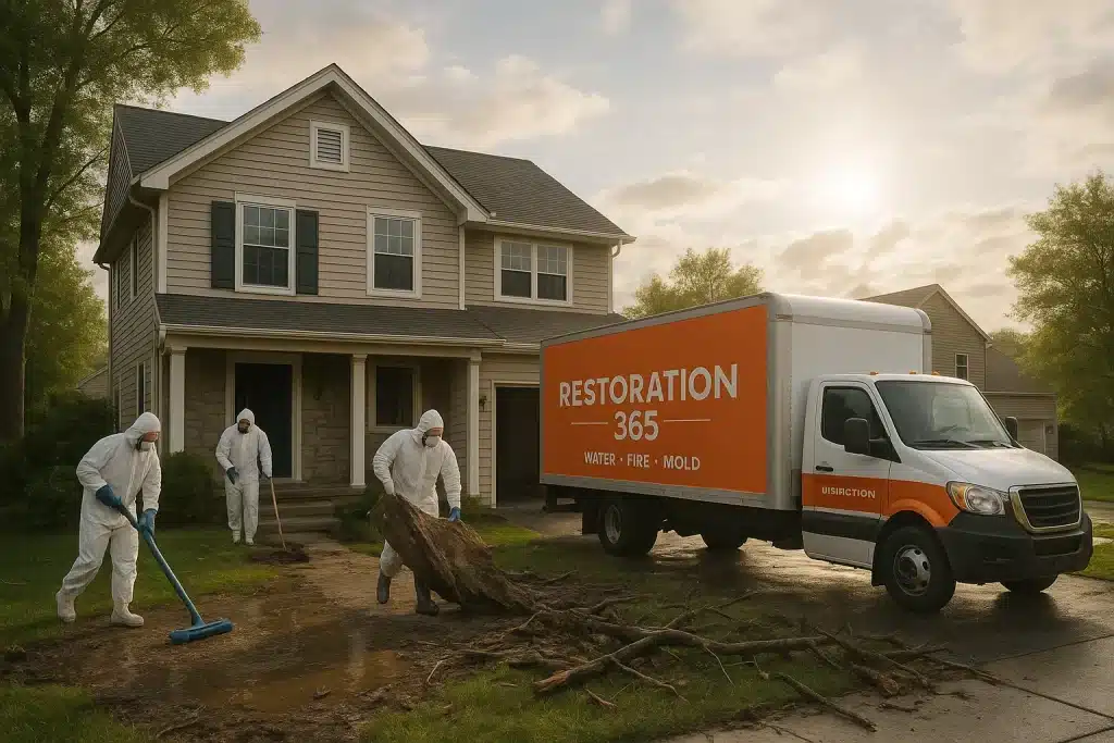 Restoration 365 technicians providing disaster cleanup services in Bucks County after storm damage with branded service truck