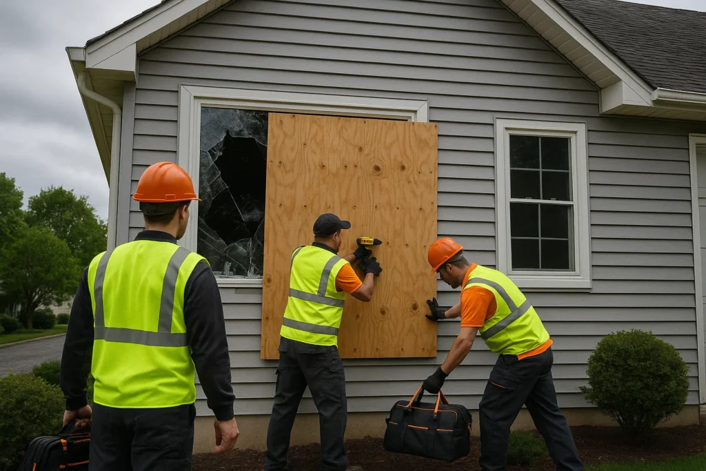 Restoration 365 team performing emergency board up on storm-damaged Bucks County home.