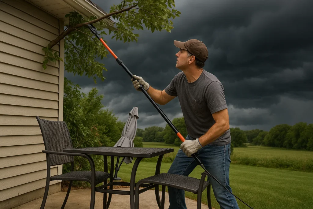 Homeowner trimming trees and securing yard before storm to prepare for emergency board up services.