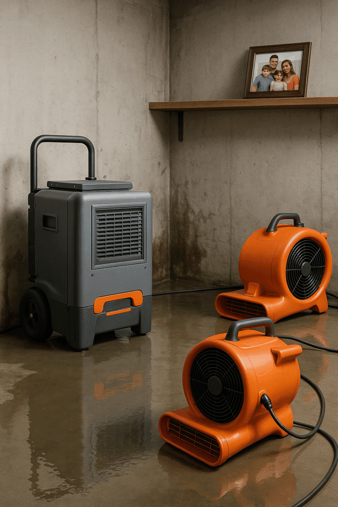 Industrial dehumidifiers and fans drying basement during emergency water damage cleanup in Philadelphia.