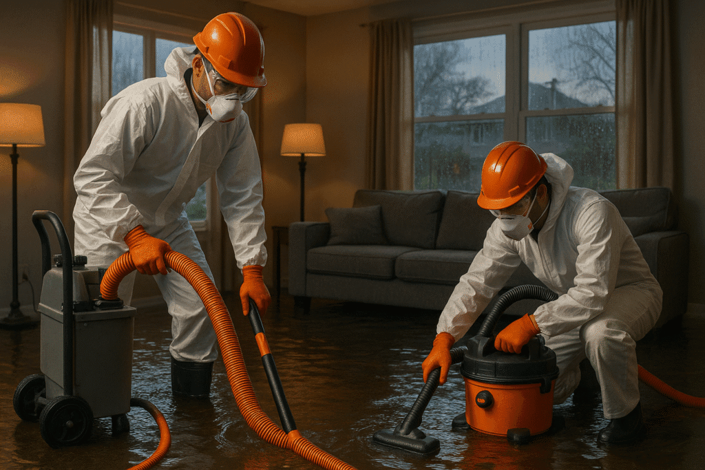 Emergency water extraction technicians removing standing water from flooded living room in Bucks County home.