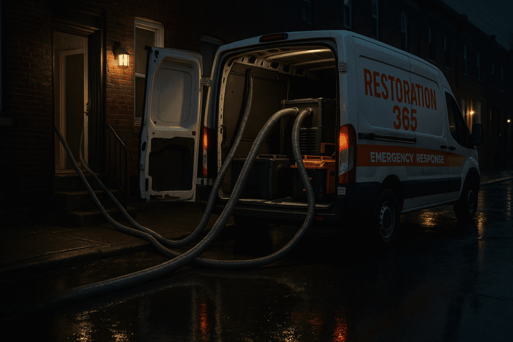 Restoration 365 emergency water extraction van responding to late-night flood at Philadelphia home.