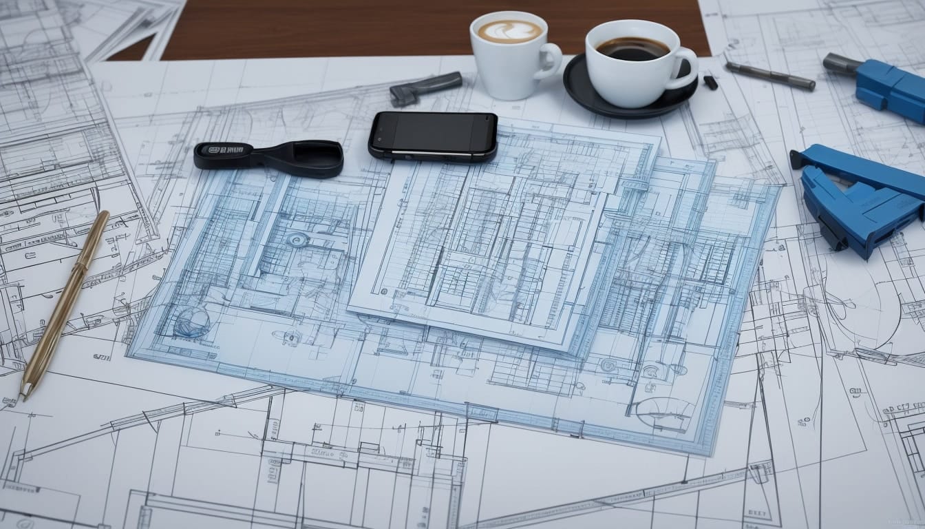 Home renovation blueprint with tools, smartphone displaying savings calculations, and coffee cup nearby