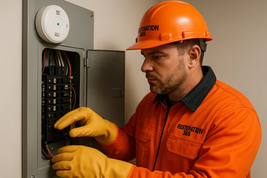 Technician inspecting electrical panel and smoke detector during fire damage restoration maintenance.