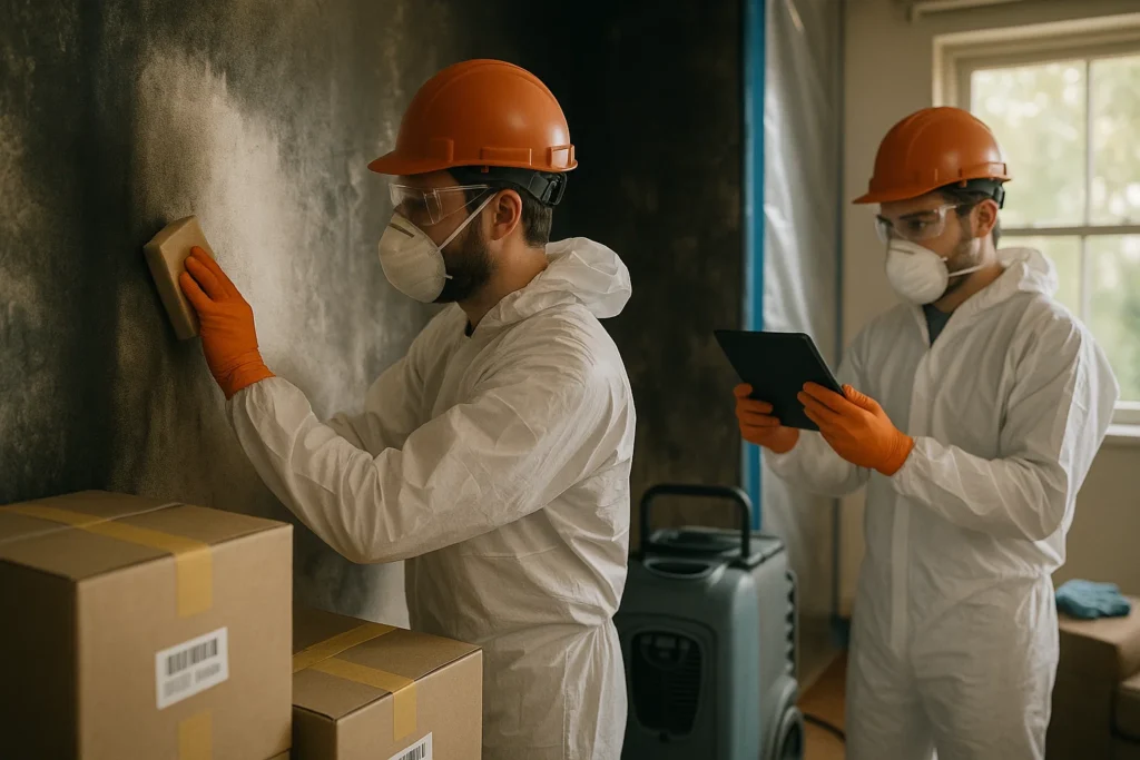 Fire restoration expert dry-sponge cleaning soot in a living room with air scrubber and documented inventory boxes after house fire in PA and NJ
