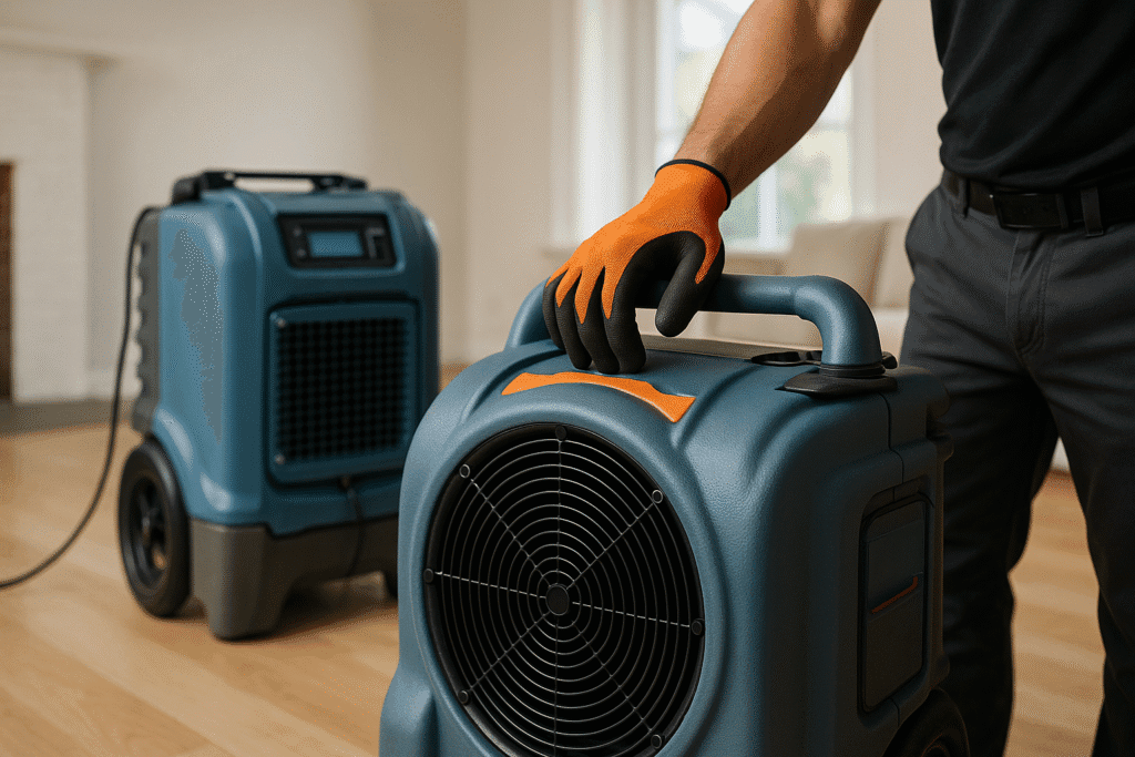 Professional using industrial dehumidifier for flood cleanup during disaster restoration in Montgomery County PA