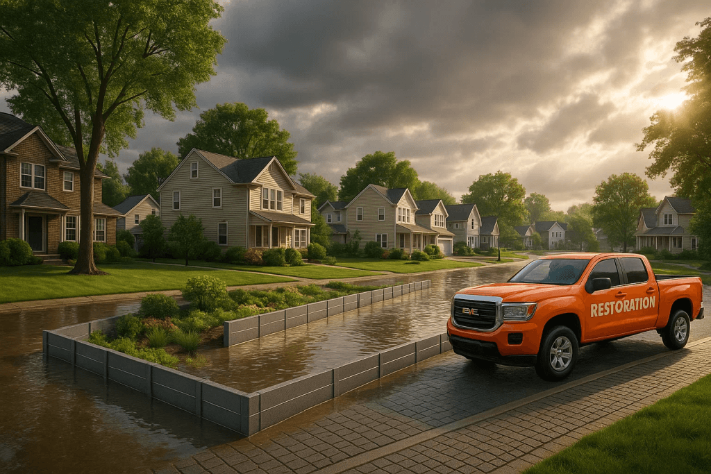 Flood mitigation in Bucks County with modern barriers, green infrastructure, and Restoration 365 service truck