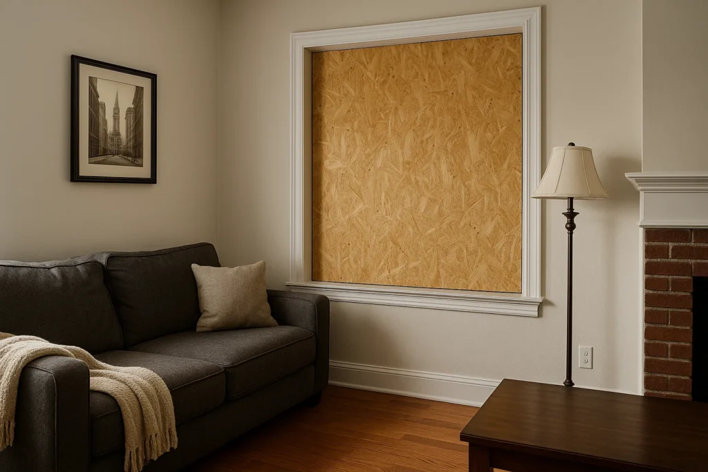 Interior view of living room with professionally boarded-up window in Philadelphia home secured after storm damage.