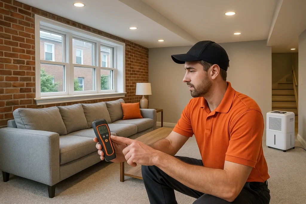 Dehumidifier and moisture meter used for mold prevention as part of restoration maintenance in Philadelphia home.