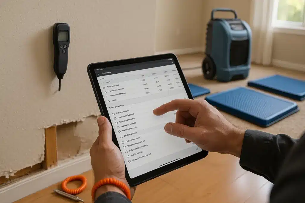 On-site restoration estimate with tablet software, moisture meter, and drying equipment for water damage assessment.