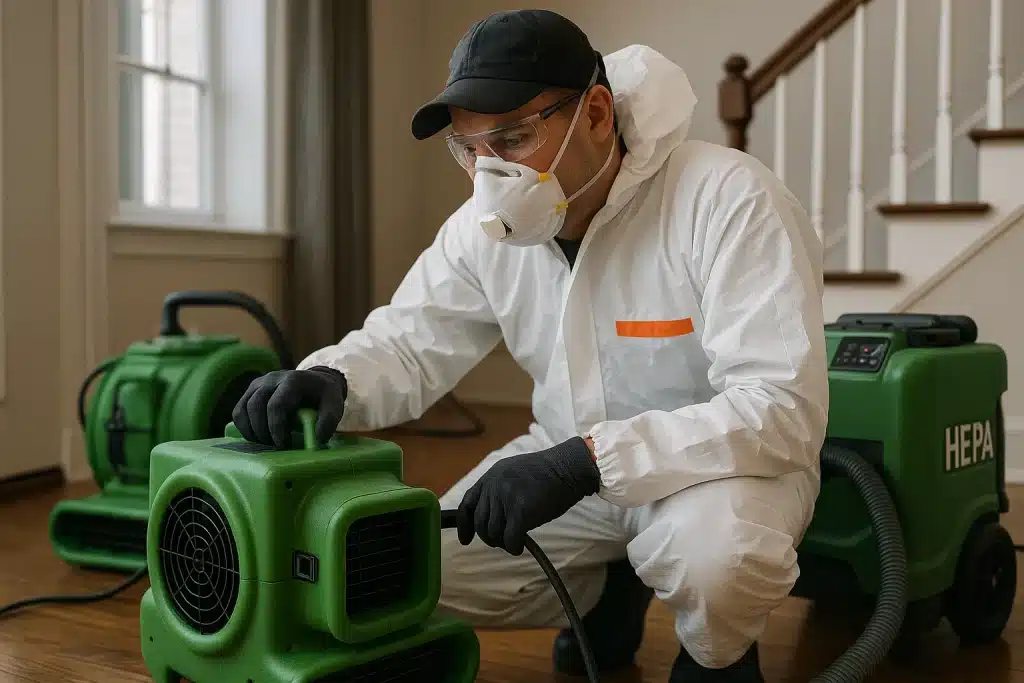 Technician using industrial drying equipment and HEPA vacuums for disaster cleanup in Philadelphia home