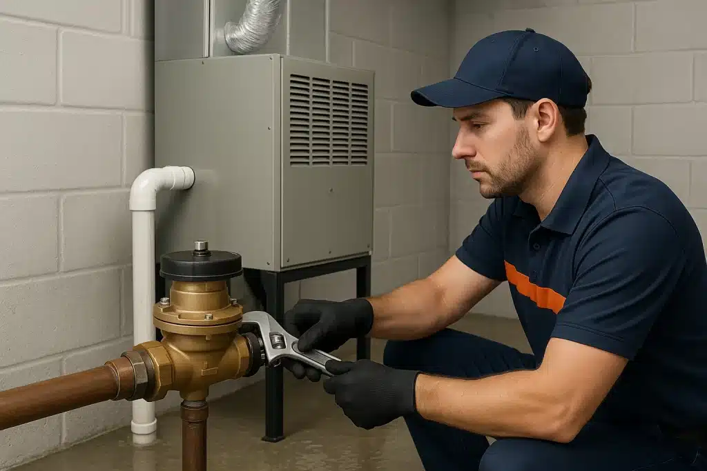 Technician installing backflow valve and flood-resistant materials in Philadelphia basement for flood mitigation