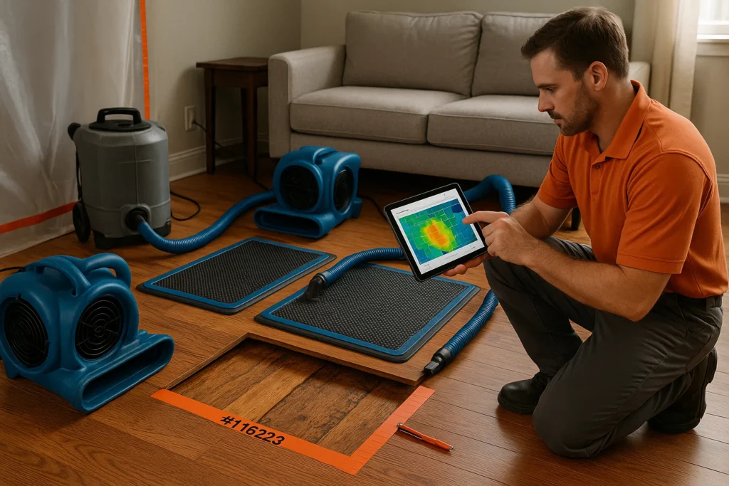 Active property damage restoration with drying mats, air movers, HEPA vacuum, and digital moisture documentation