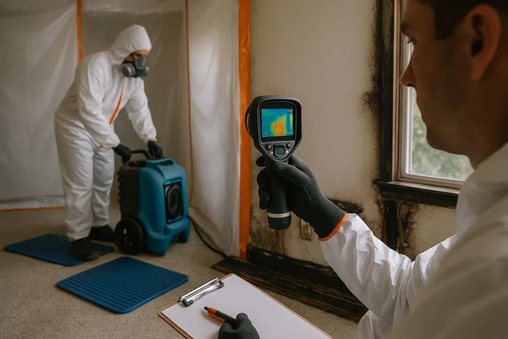 Property damage restoration technician using thermal camera to detect hidden moisture while setting up drying equipment in a fire and water-damaged home