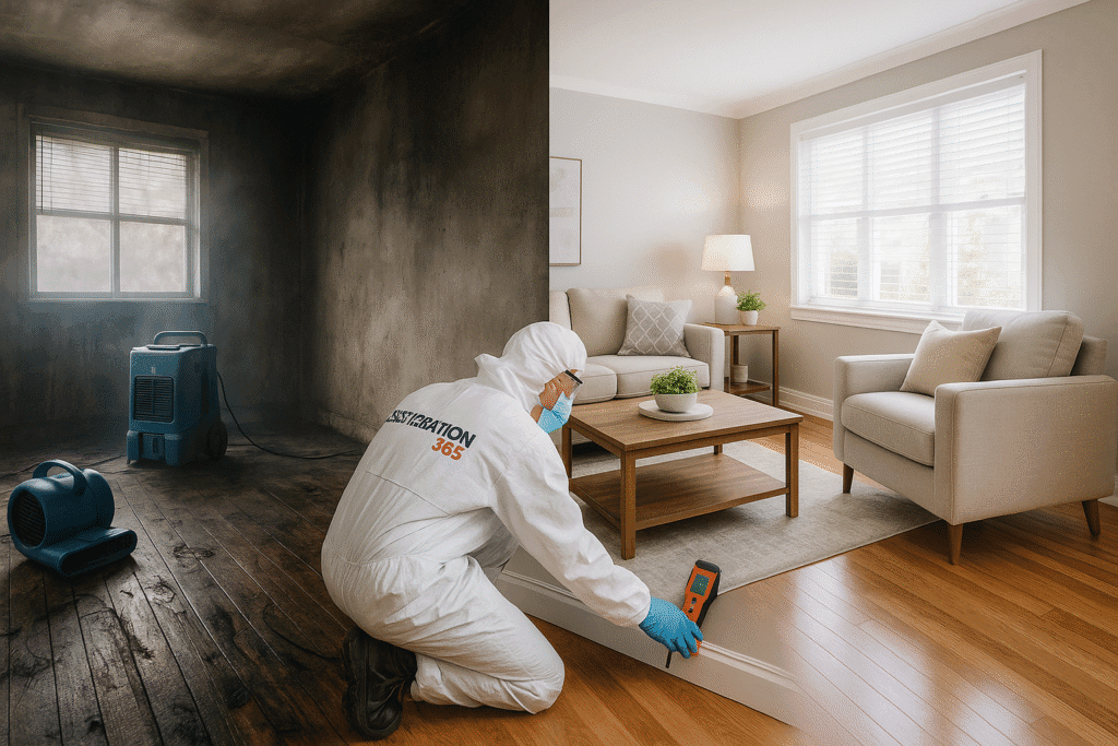 Restoration contractors transforming a water and fire damaged living room into a fully restored space using moisture meters and air movers.