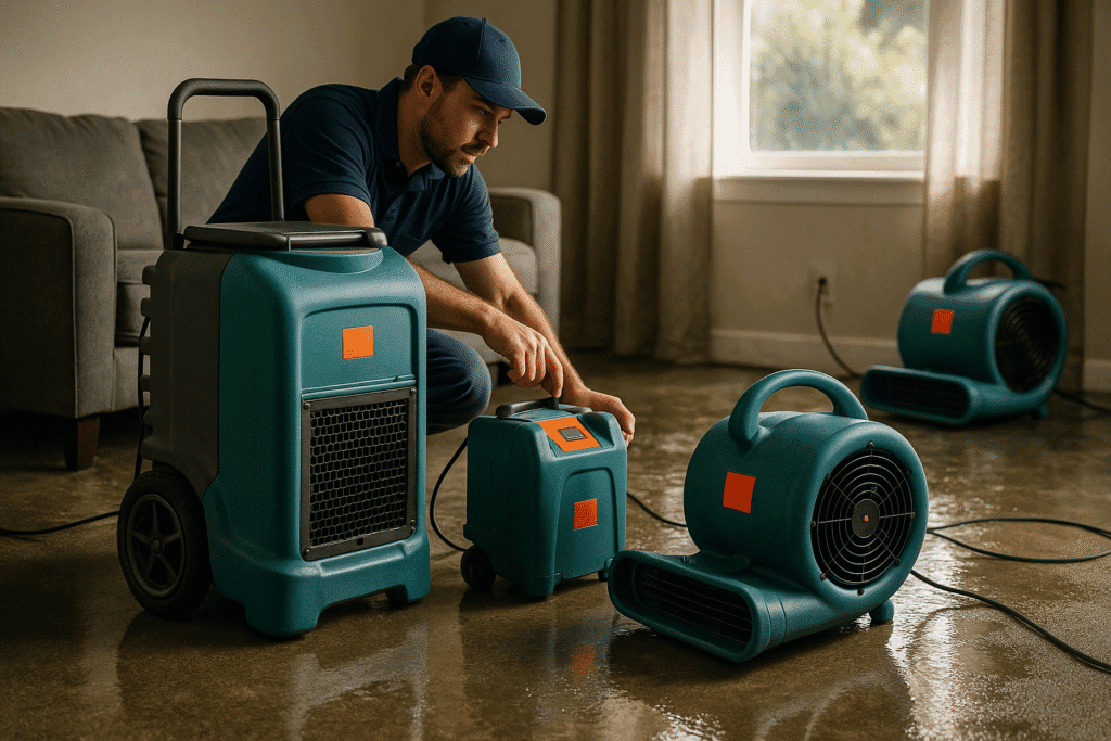 Restoration technician using dehumidifier and air movers for water damage repair in a Bucks County home.