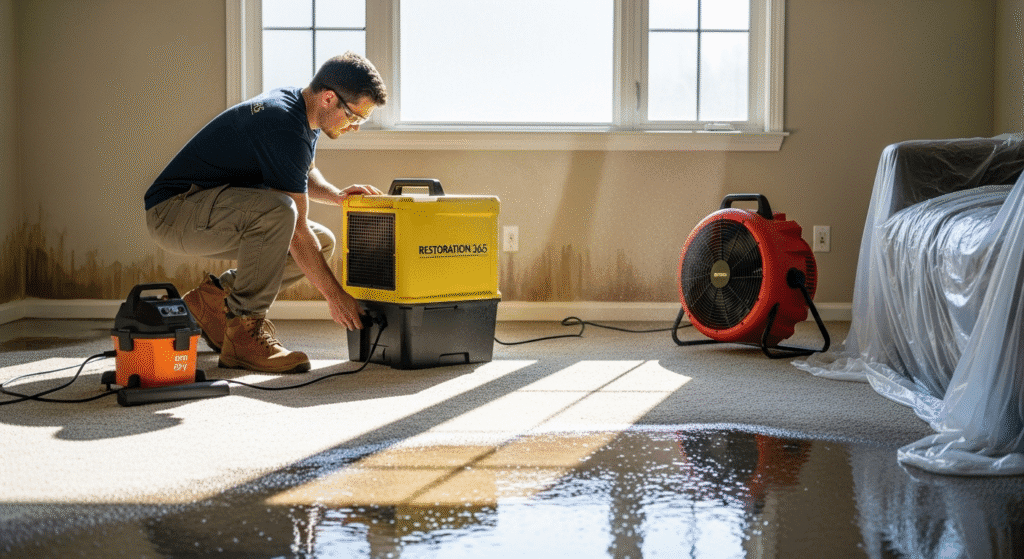Restoration technician using dehumidifier and air movers for water damage repair in Philadelphia home.