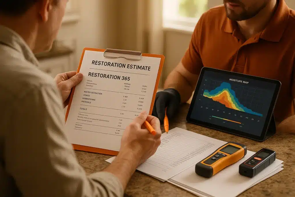 Homeowner and technician reviewing an itemized restoration estimate with moisture readings and project timeline to reduce costs in PA and NJ