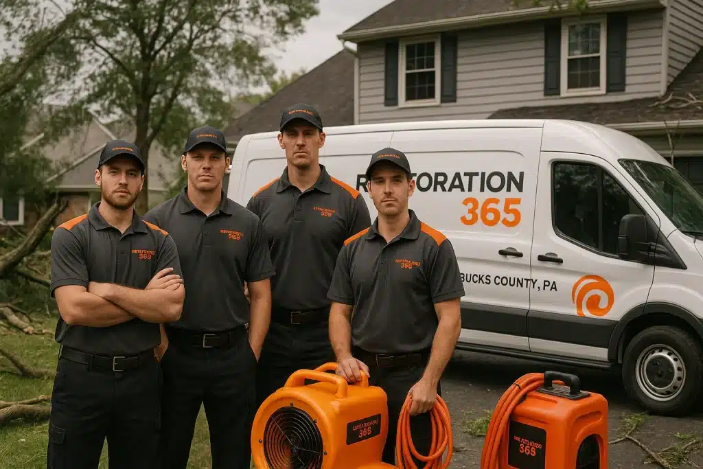 Restoration 365 team of certified restoration experts with branded van outside Bucks County home after storm damage