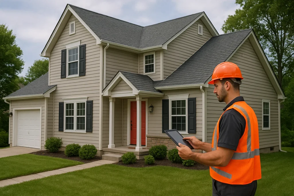 Restoration 365 technician performing exterior restoration maintenance inspection on Bucks County home.