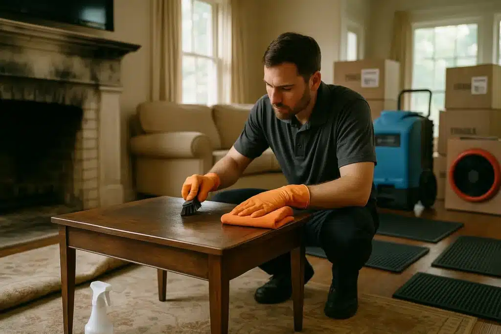 Restoration technician performing contents restoration in a living room with drying equipment and labeled inventory boxes, showcasing restoration services after water and smoke damage in Southeastern PA and South Jersey
