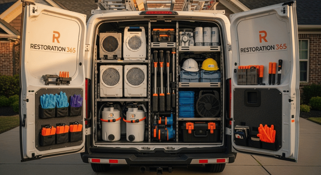 Back of a Restoration 365 service van loaded with professional restoration equipment including dehumidifiers and water extractors in Bucks County.