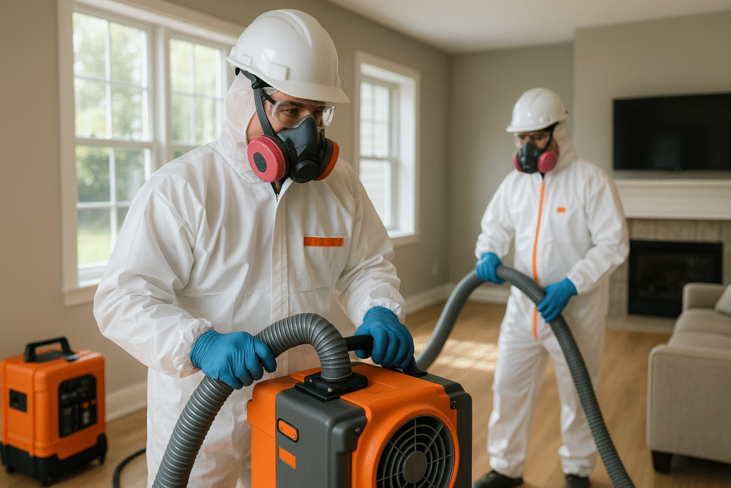 Restoration 365 team performing professional smoke remediation in Bucks County home with advanced equipment.