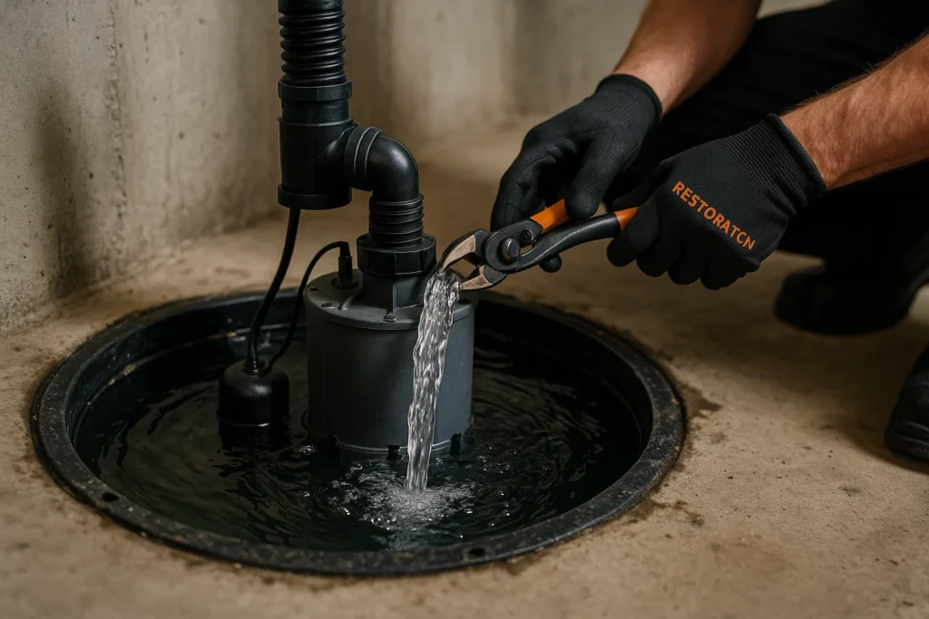 Basement sump pump testing during water damage restoration maintenance in Pennsylvania home.