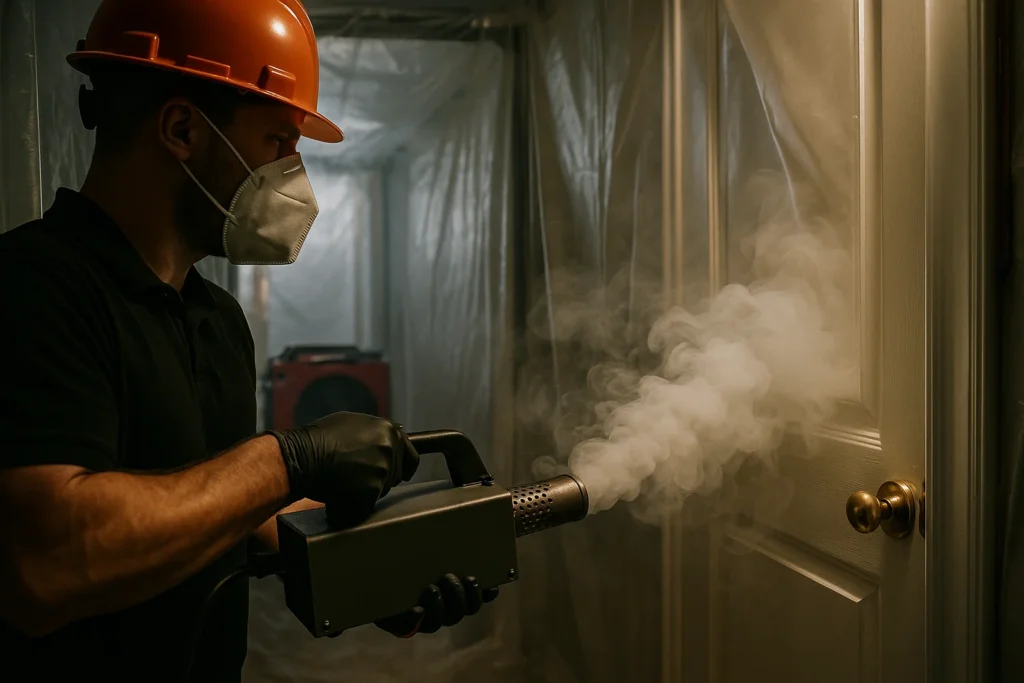 Thermal fogging for smoke odor removal by certified fire restoration expert inside containment area.