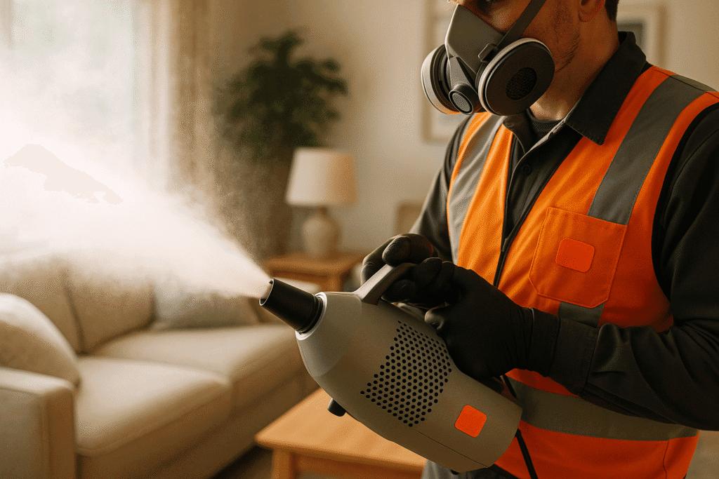 Technician using thermal fogging equipment for smoke odor removal in Philadelphia home.