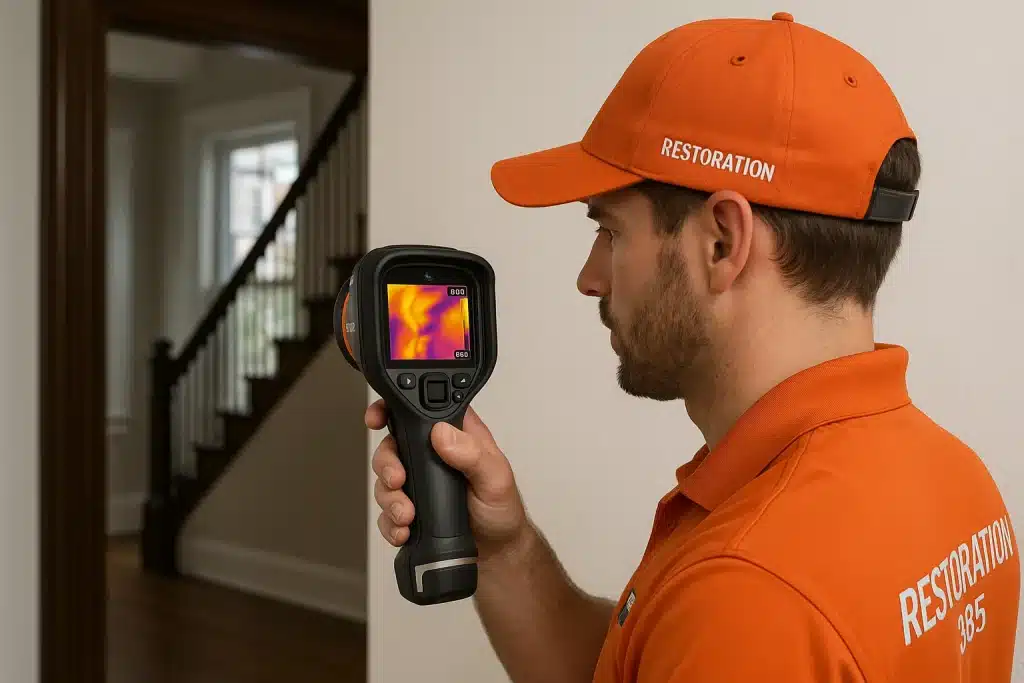 Restoration expert from Restoration 365 using thermal imaging camera to detect hidden water damage in Philadelphia home