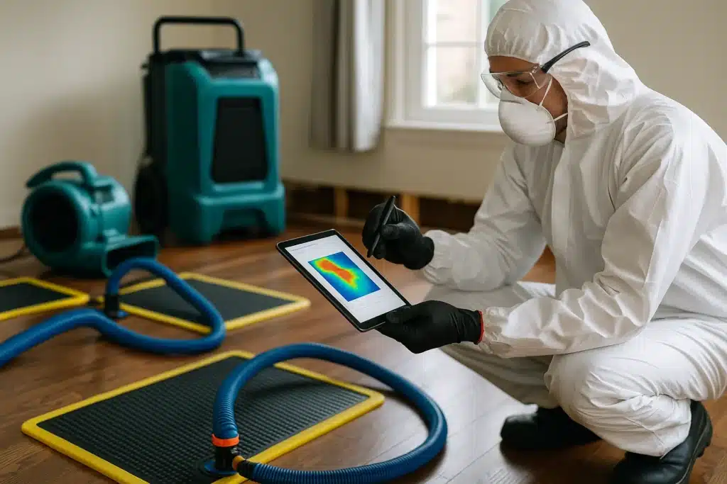 Damage Restoration Companies: Expert, Proven Choices to Avoid Regrets 4 Active water damage restoration with drying mats, air movers, and moisture readings documented by IICRC-certified technician