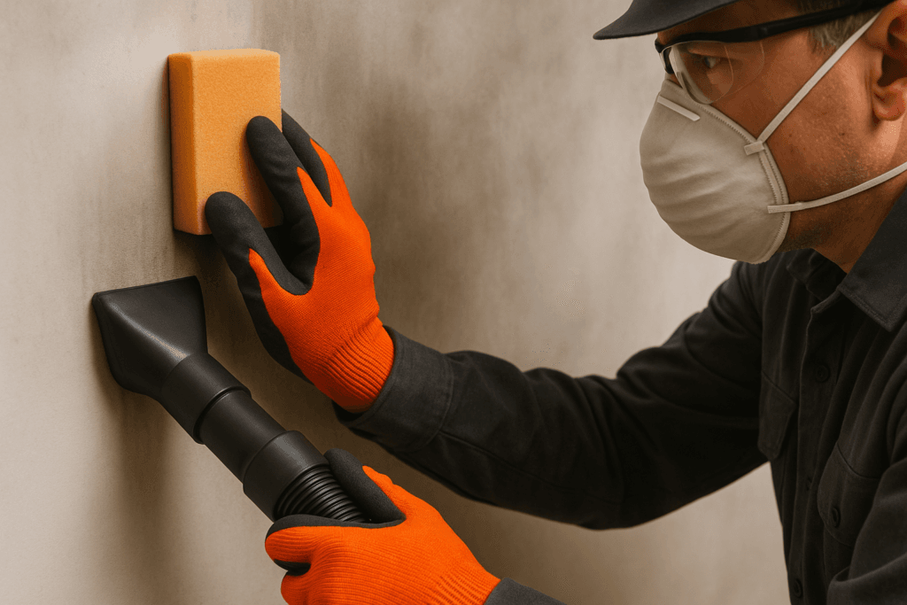 Contractor using dry chemical sponge and HEPA vacuum for soot removal on smoke-stained wall.