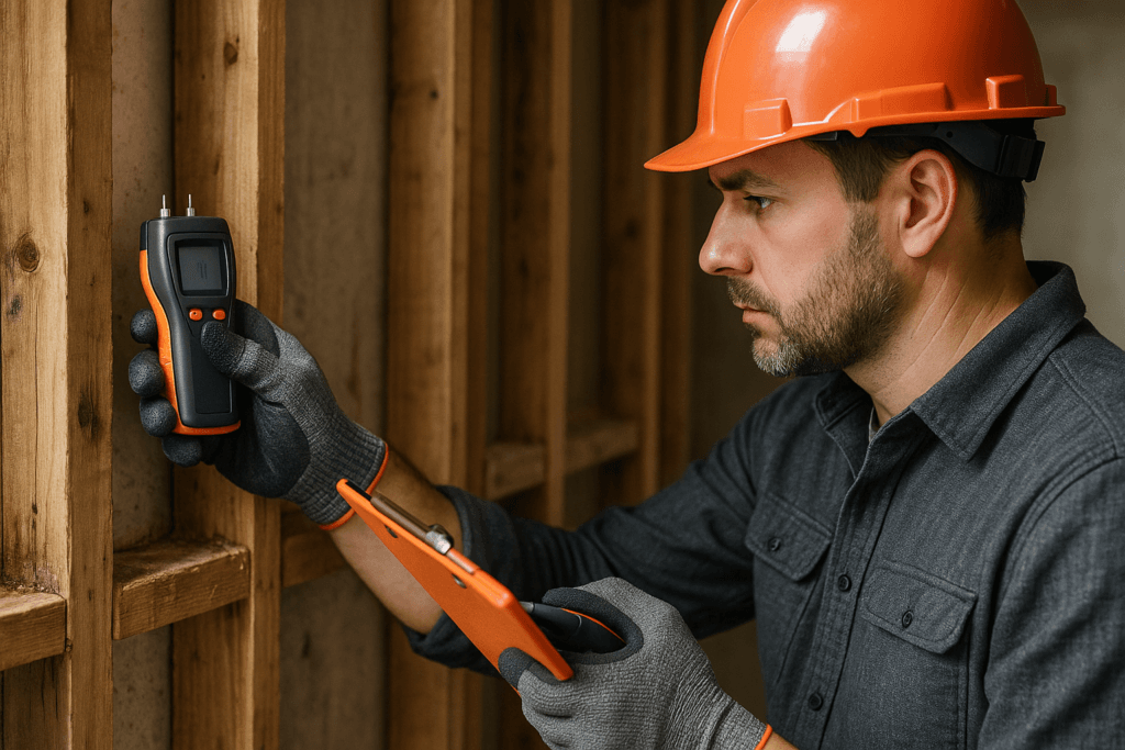 Licensed contractor performing moisture inspection during home reconstruction after water damage.