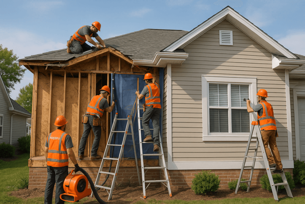 Reconstruction services team rebuilding a storm-damaged home in Pennsylvania with proper structural repair and moisture control.