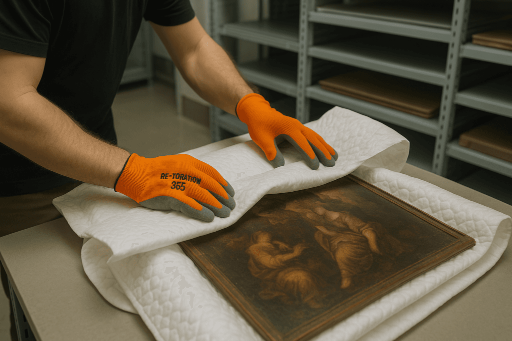 Technician wrapping artwork for climate-controlled storage during contents restoration in New Jersey.