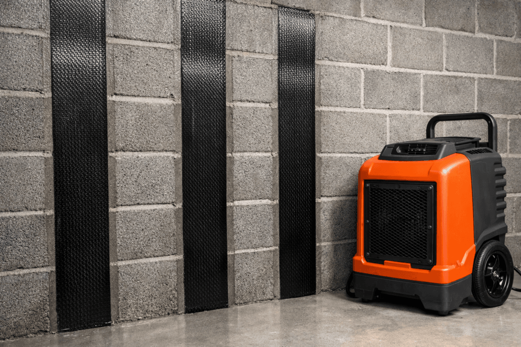 Carbon fiber reinforcement straps installed on a bowing basement wall for structural stabilization.