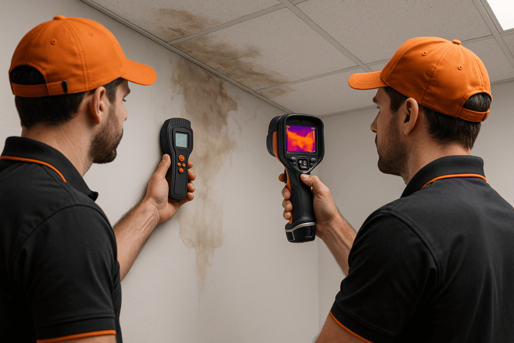 Technician using thermal imaging camera for commercial water damage inspection in Bucks County PA