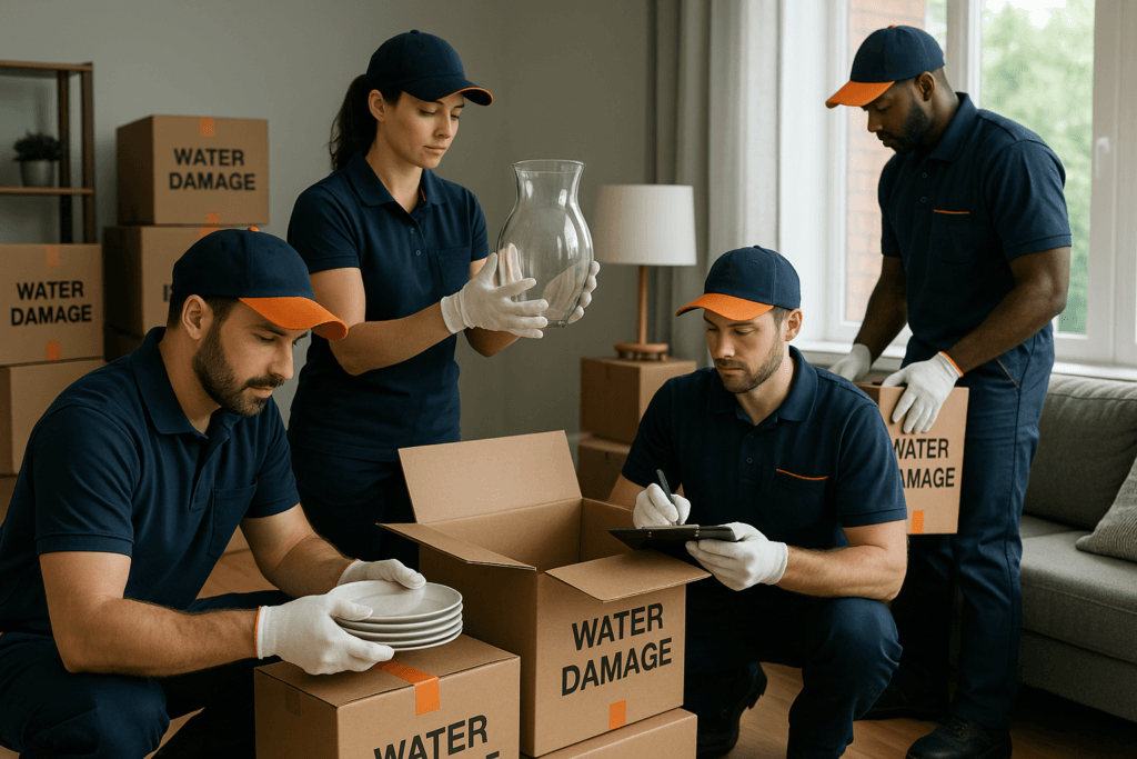 Professional pack out team inventorying and packing contents after water damage in a Pennsylvania home.