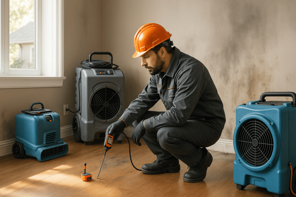Restoration near me team inspecting water and smoke damage in Philadelphia home