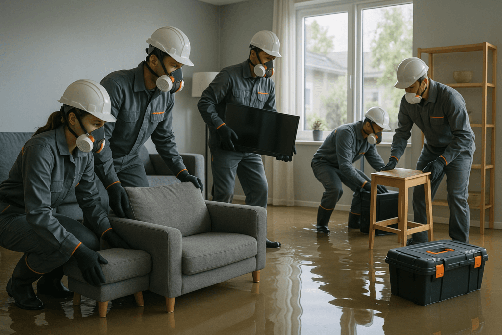 Restoration technicians performing salvage services in flooded home, recovering furniture and electronics in Bucks County PA