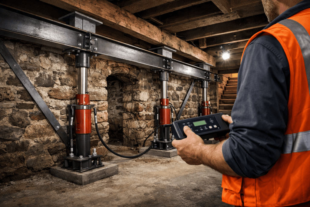 Professional structural stabilization using steel beams and jacks in a Philadelphia historic home basement.