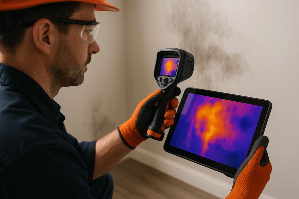 Contractor using thermal imaging to document water damage for insurance claim verification in New Jersey home.