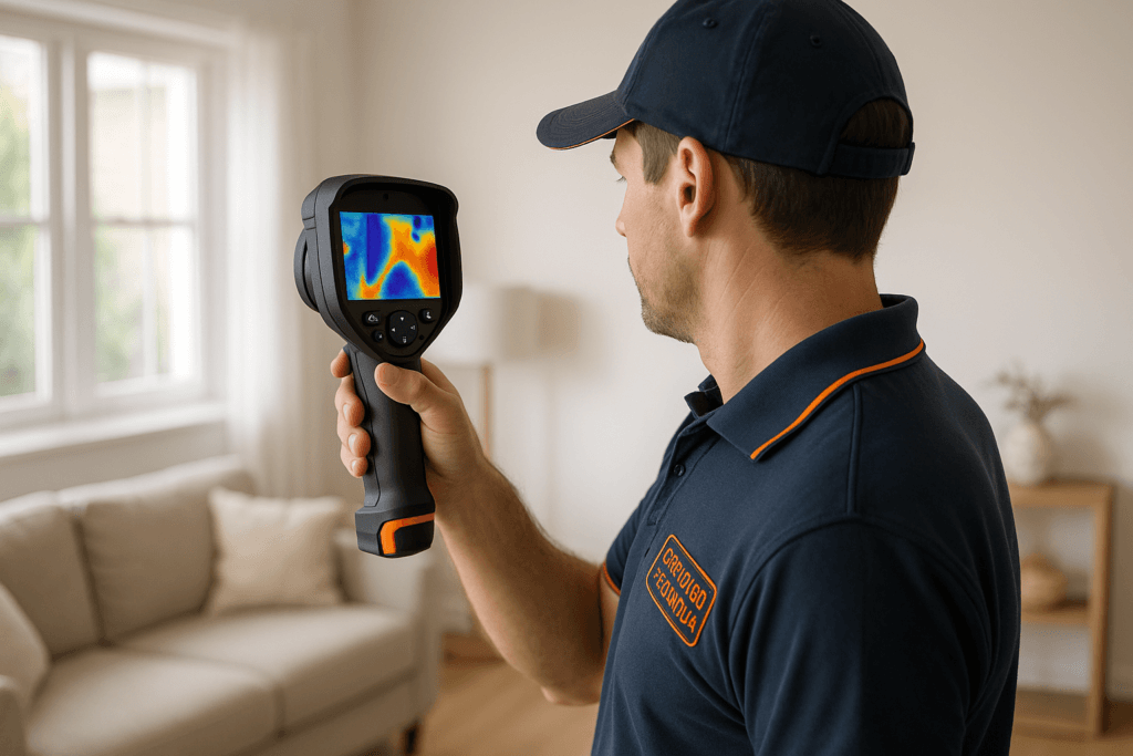 Thermal imaging inspection detecting hidden water damage inside a Pennsylvania home using infrared camera.