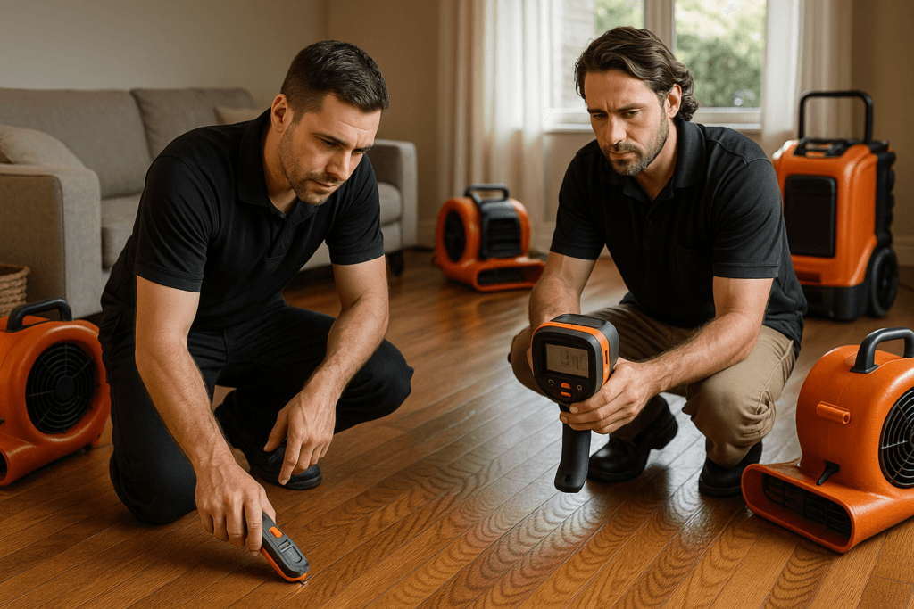 Technicians using air movers and moisture meters for water damage restoration near me in Bucks County PA
