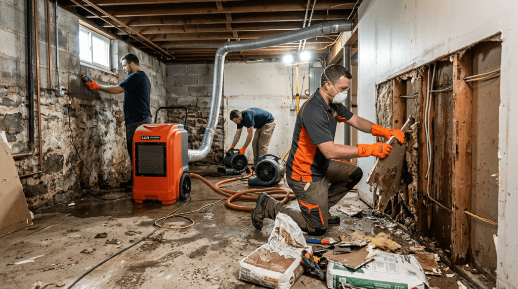Basement water damage cleanup with structural drying and restoration checklist inspection