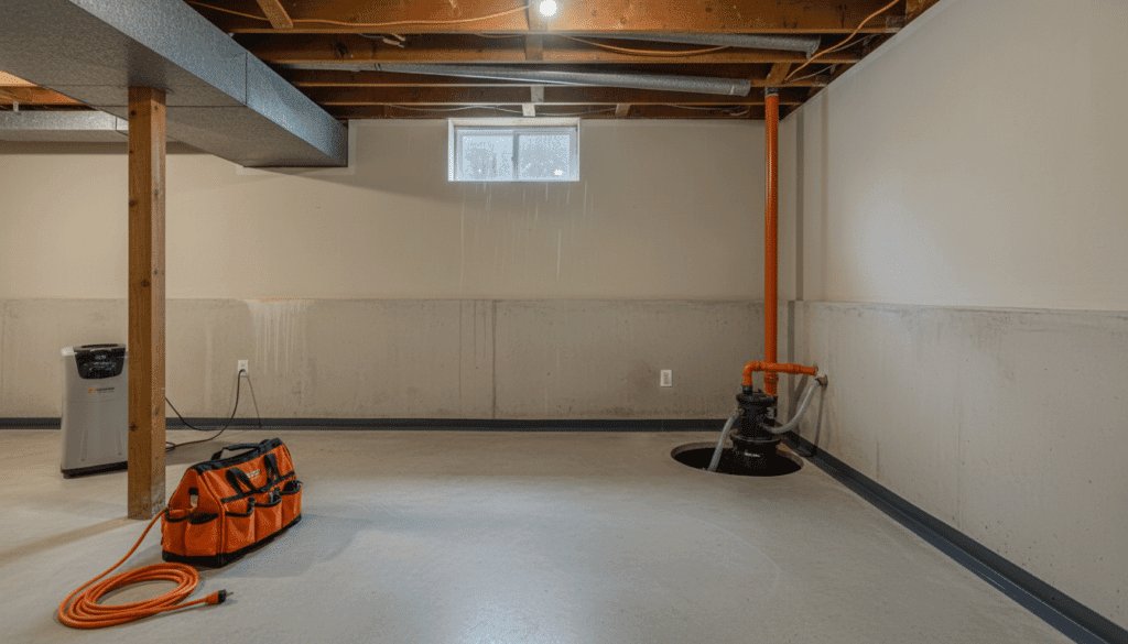 Basement waterproofing system in a dry residential basement with sump pump and drainage