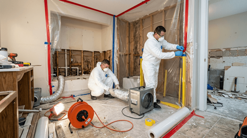 Professional mold remediation process with containment and HEPA equipment in bathroom